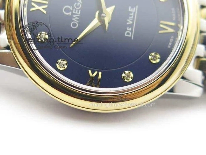 0124 HighQuality De Ville 27mm SS YG Ladies MK 1:1 Best Edition Blue Dial Diamond Markers On SS Bracelet Ronda Quartz 8186